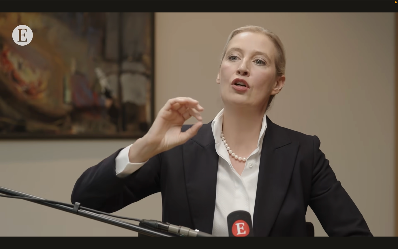 Germany far-right party Alternative für Deutschland (AfD) leader Alice Weidel received full support from Elon Musk and X from election campaign to victory. Here she is seen during an interview with Zanny Minton Beddoes. Credit: The Economist.