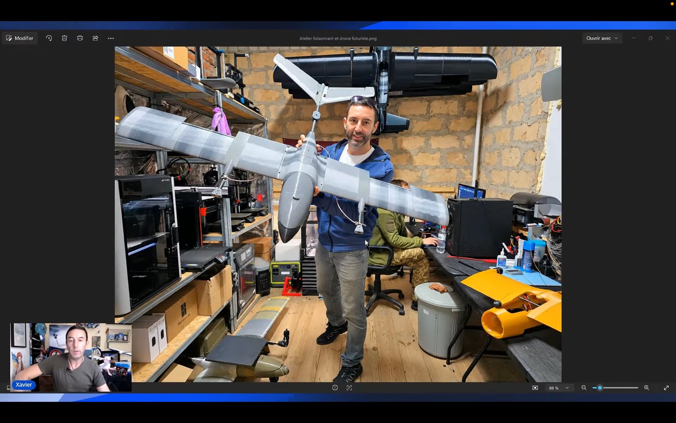 This 3D-printing shop is located about 25 km from the Russian frontlines. On the left shelves, 3D-printers. To avoid single points of failure and hazardous logistics (drones-carrying human-driven vans), one UGV will bring to this shop enough material, engines, and components to produce, say, 50 such observation or strike drones. Picture credit: Xavier Tytelman.