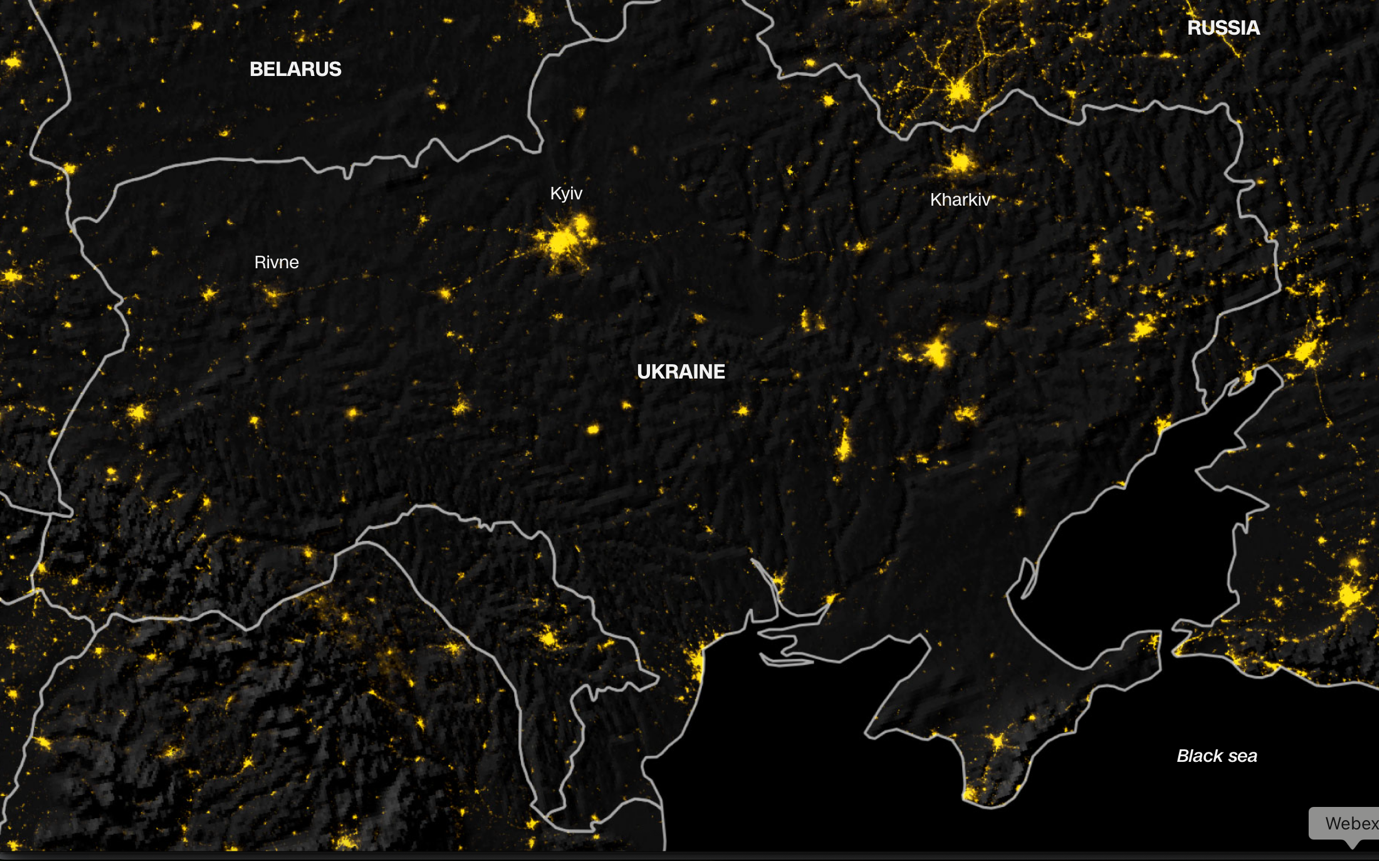 Ukraine before the war, bright lights at night, January 2022. Source: U.S. agencies.